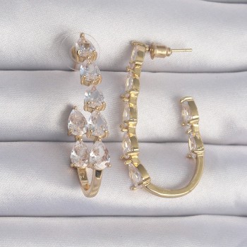 Pirinç Gold Renk Damla Zirkon Taş Tasarımlı Küpe