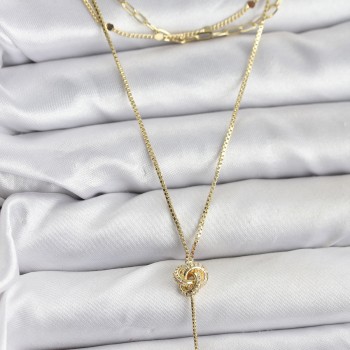 Pirinç Gold Renk Düğüm Model Detaylı 3'lü Kombin Y Kadın Kolye