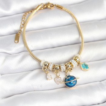 Pirinç Gold Renk Dünya Charmlı Kadın Bileklik