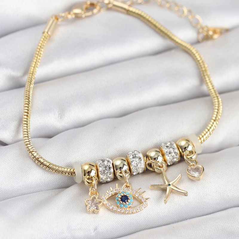 Pirinç Gold Renk Göz Model Charmlı Kadın Bileklik