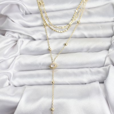 Pirinç Gold Renk Güneş Model Detaylı 3'lü Kombin Y Kadın Kolye