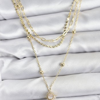 Pirinç Gold Renk Güneş Model Detaylı 3'lü Kombin Y Kadın Kolye