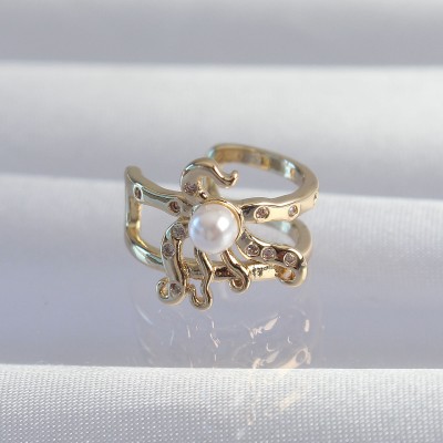 Pirinç Gold Renk İncili Ahtapot Earcuff Küpe