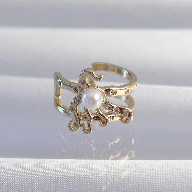 Pirinç Gold Renk İncili Ahtapot Earcuff Küpe