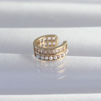 Pirinç Gold Renk İncili Baget Taşlı Earcuff Küpe