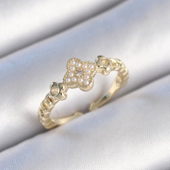 Pirinç Gold Renk İncili Yonca Model Zirkon Taş Detay Kadın Yüzük