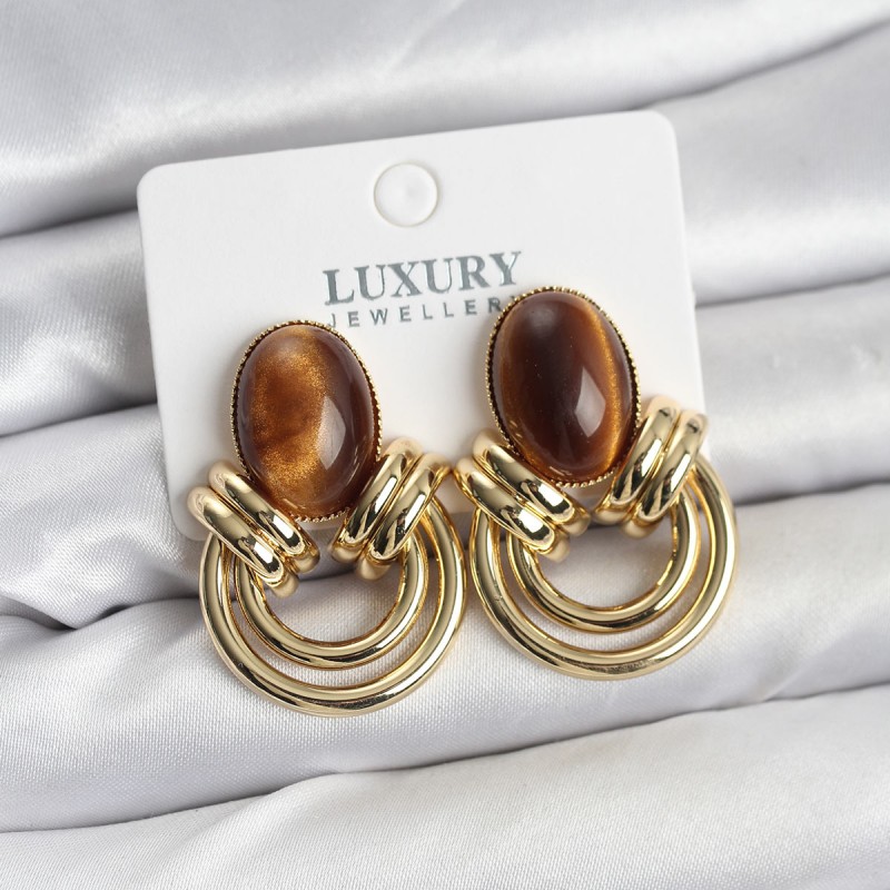 Pirinç Gold Renk Kahverengi Taşlı Vintage Kadın Küpe