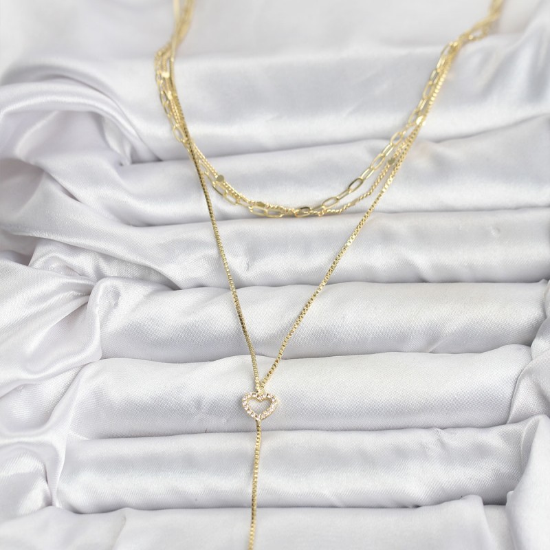 Pirinç Gold Renk Kalp Detaylı 3'lü Kombin Y Kadın Kolye