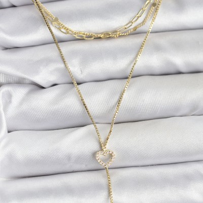 Pirinç Gold Renk Kalp Detaylı 3'lü Kombin Y Kadın Kolye