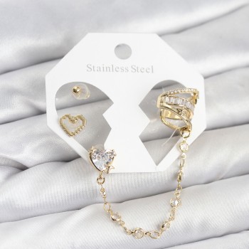 Pirinç Gold Renk Kalp Model Zincir Bağlantılı Ear Cuff Küpe Seti