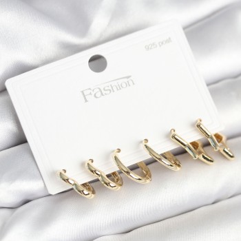 Pirinç Gold Renk Kalp Yıldız ve Halka Model 925 Ayar Gümüş Çivili Kadın Küpe Seti