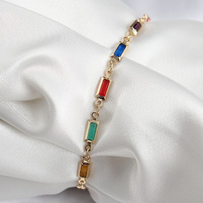 Pirinç Gold Renk Karışık Renkli Kare Zirkon Taşlı Kadın Bileklik