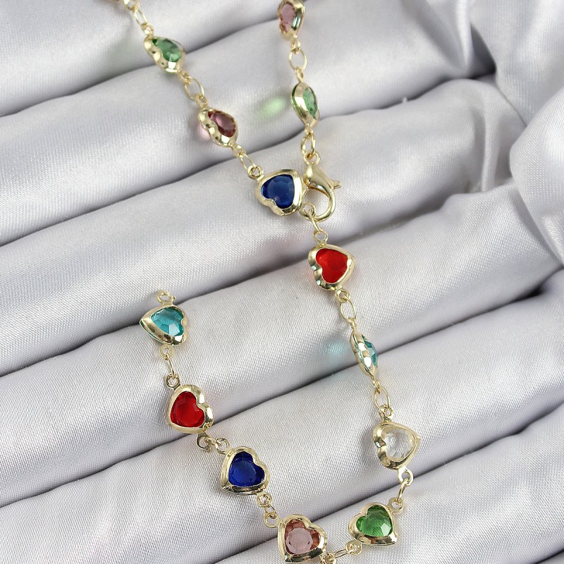 Pirinç Gold Renk Karışık Zirkon Taşlı Kalpli Y Kadın Kolye