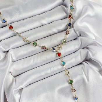 Pirinç Gold Renk Karışık Zirkon Taşlı Kalpli Y Kadın Kolye