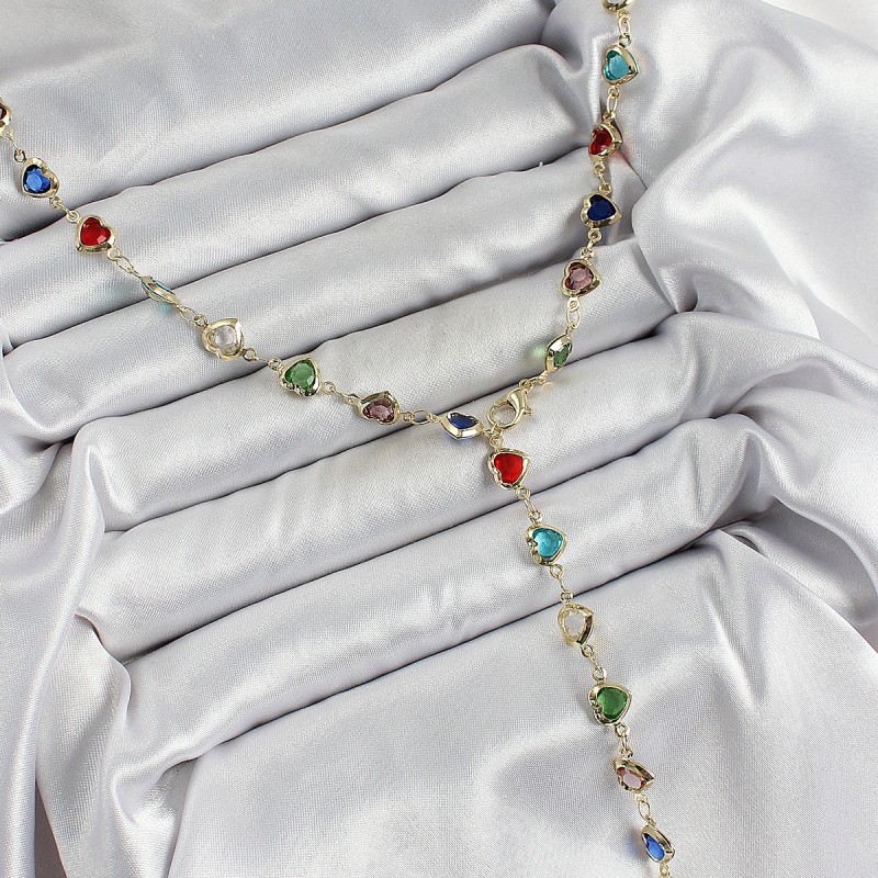 Pirinç Gold Renk Karışık Zirkon Taşlı Kalpli Y Kadın Kolye