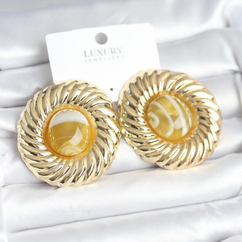 Pirinç Gold Renk Kehribar Boncuklu Vintage Kadın Küpe