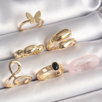 Pirinç Gold Renk Kelebek Figür Sarmal Model 6'Lı Kadın Yüzük Seti