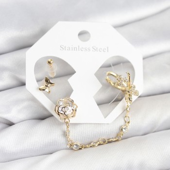 Pirinç Gold Renk Kelebekli Model Zincir Bağlantılı Ear Cuff Küpe Seti