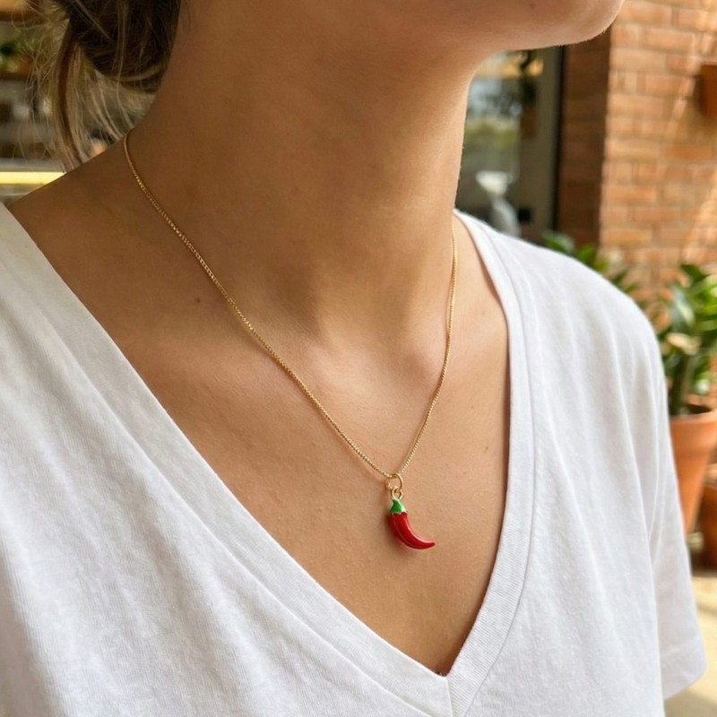 Pirinç Gold Renk Kırmızı Kapya Biber Model Kadın Kolye