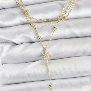 Pirinç Gold Renk Kutup Yıldızı Detaylı 3'lü Kombin Kadın Kolye