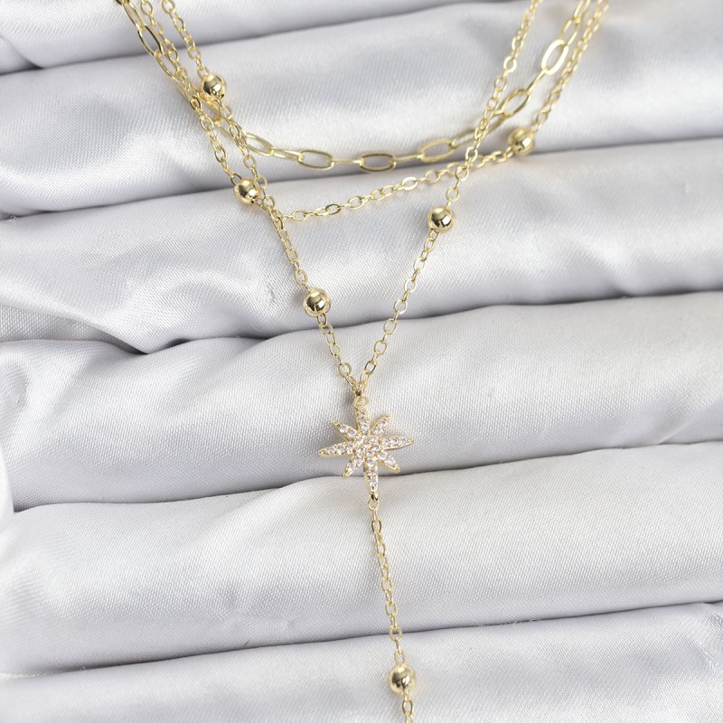 Pirinç Gold Renk Kutup Yıldızı Detaylı 3'lü Kombin Kadın Kolye