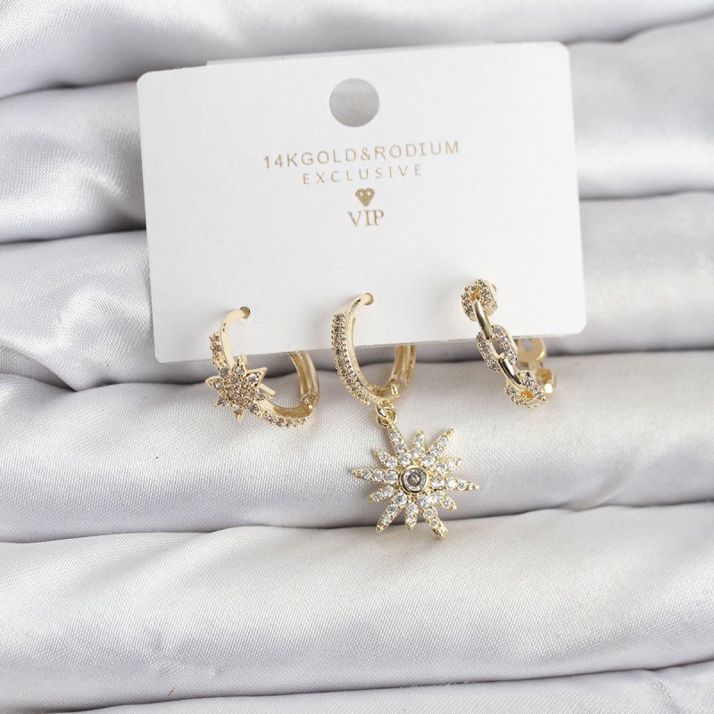 Pirinç Gold Renk Kutup Yıldızı Model 3'lü Kadın Küpe Seti