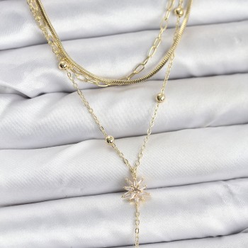 Pirinç Gold Renk Kutup Yıldızı Model Detaylı 3'lü Kombin Y Kadın Kolye