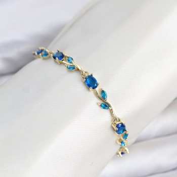 Pirinç Gold Renk Mavi Zirkon Taşlı Çiçek Model Kadın Bileklik
