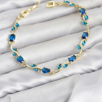 Pirinç Gold Renk Mavi Zirkon Taşlı Çiçek Model Kadın Bileklik