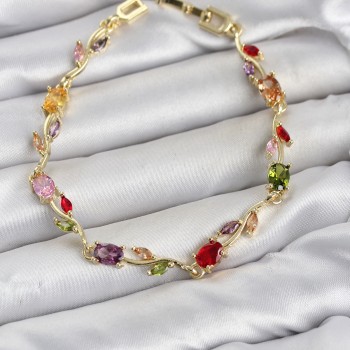 Pirinç Gold Renk Mix Renk Zirkon Taşlı Çiçek Model Kadın Bileklik