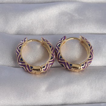 Pirinç Gold Renk Mor Etnik Desenli Halka Küpe