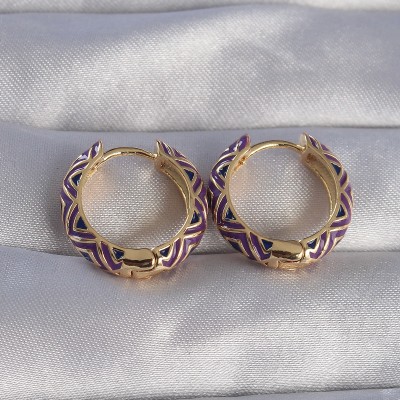 Pirinç Gold Renk Mor Etnik Desenli Halka Küpe