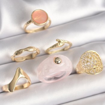 Pirinç Gold Renk Pembe Plastik Yüzük Model Daire Mine Yılan Detay 6'Lı Kadın Seti