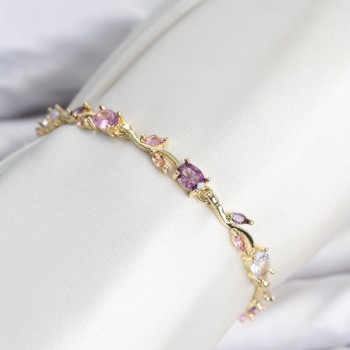 Pirinç Gold Renk Pembe ve Mor Zirkon Taşlı Çiçek Model Kadın Bileklik