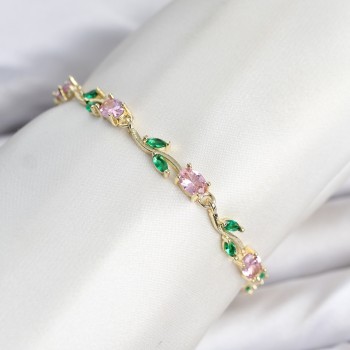 Pirinç Gold Renk Pembe Zirkon Taşlı Çiçek Model Kadın Bileklik