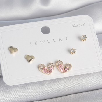 Pirinç Gold Renk Pembe Zirkon Taşlı Kalp Model 925 Ayar Gümüş Çivi Kadın Küpe Seti