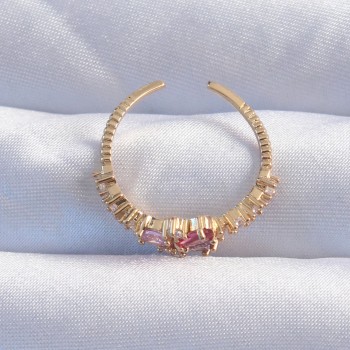 Pirinç Gold Renk Renkli Zirkon Taşlı Ayarlanabilir Yüzük