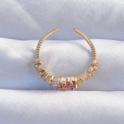 Pirinç Gold Renk Renkli Zirkon Taşlı Ayarlanabilir Yüzük