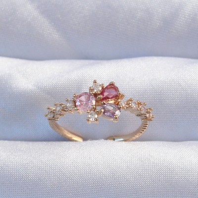 Pirinç Gold Renk Renkli Zirkon Taşlı Ayarlanabilir Yüzük