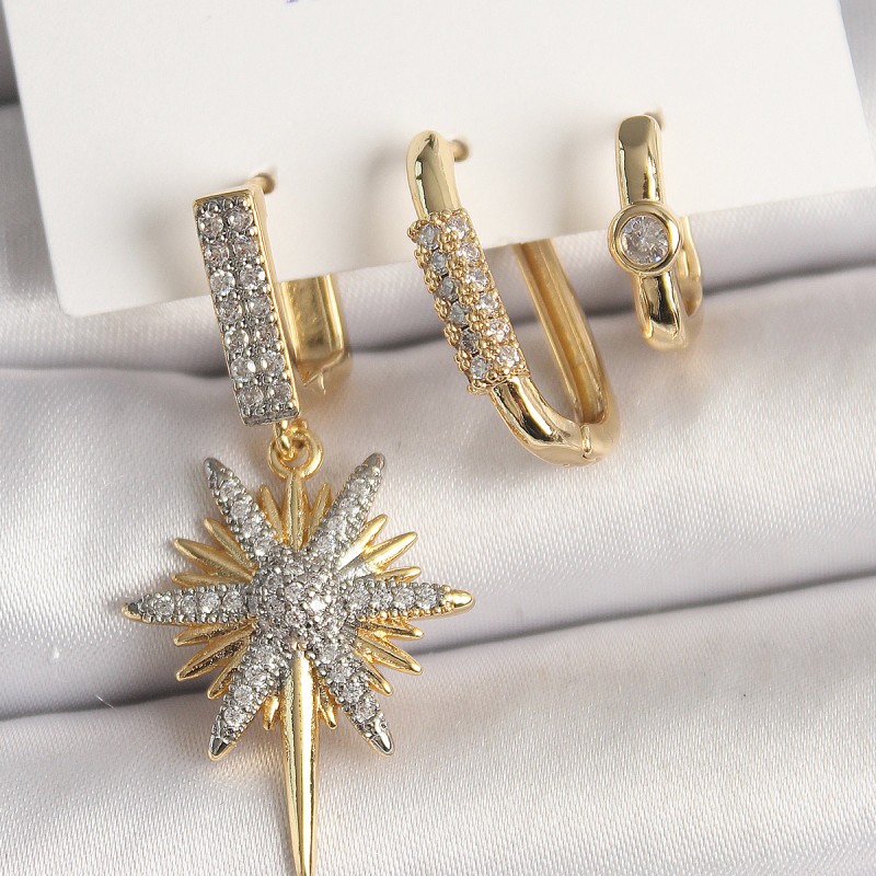 Pirinç Gold Renk Sallantı Zirkon Taşlı Kutup Yıldız Model 3'Lü Kadın Kombin Küpe