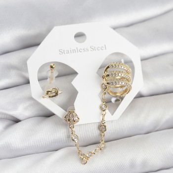 Pirinç Gold Renk Sarmal Model Zincir Bağlantılı Ear Cuff Küpe Seti