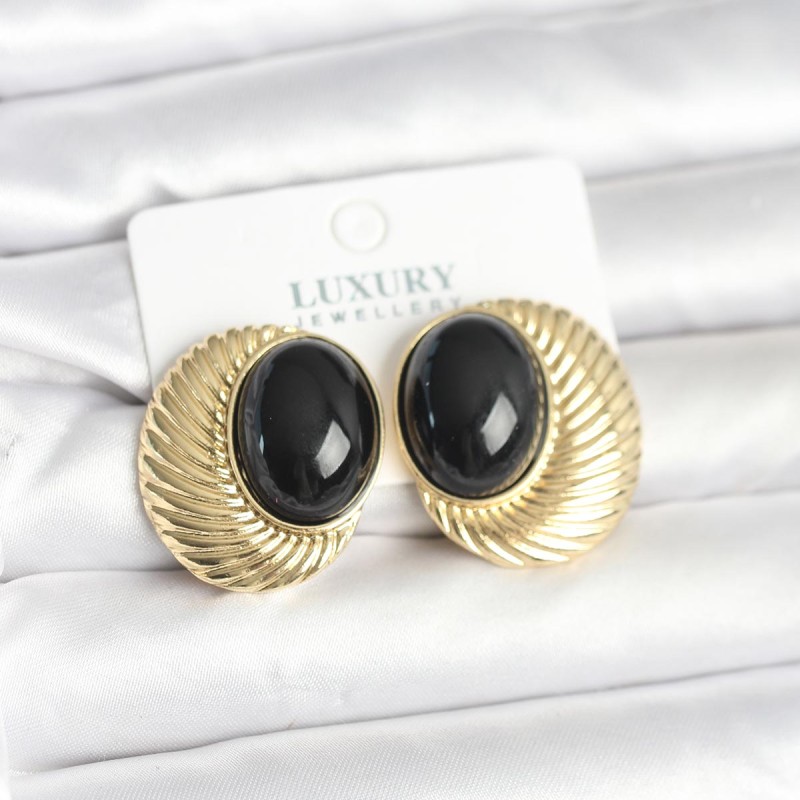 Pirinç Gold Renk Siyah Boncuklu Oval Vintage Kadın Küpe