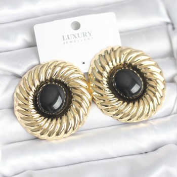 Pirinç Gold Renk Siyah Boncuklu Vintage Kadın Küpe