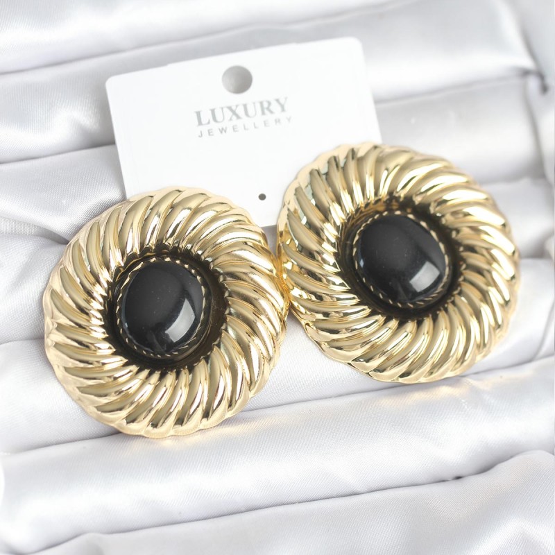 Pirinç Gold Renk Siyah Boncuklu Vintage Kadın Küpe