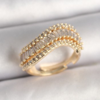 Pirinç Gold Renk Su Yolu Zirkon Taşlı Dalga Model Ayarlanabilir Kadın Yüzük