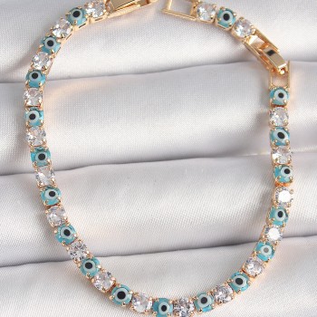 Pirinç Gold Renk Su Yolu Zirkon Taşlı Nazar Boncuklu Kadın Bileklik