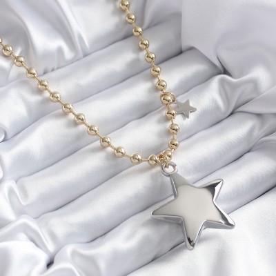 Pirinç Gold Renk Topçuk Zincir Gümüş 3D Yıldız Model Detay VİP Kadın Kolye