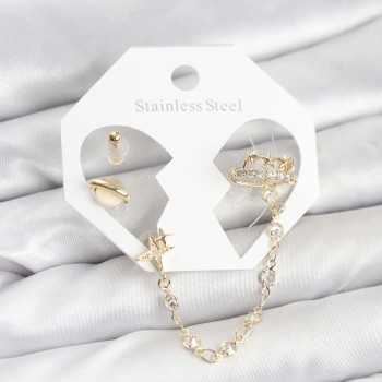 Pirinç Gold Renk Uzay Model Zincir Bağlantılı Ear Cuff Küpe Seti