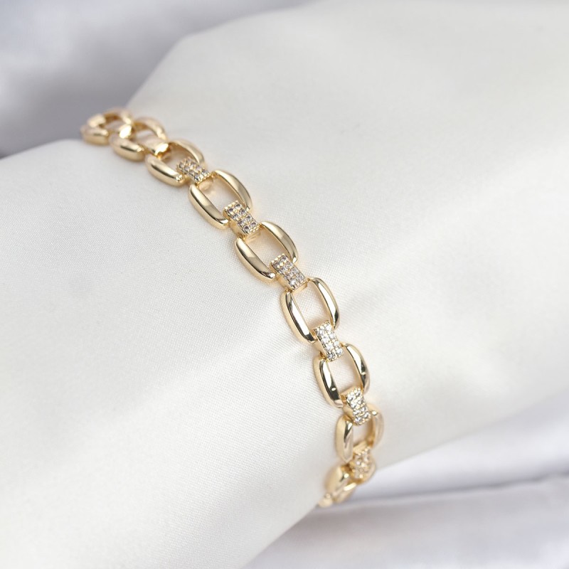 Pirinç Gold Renk VIP Seri Zincir Model Zirkon Taşlı Kadın Bileklik