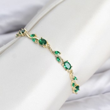 Pirinç Gold Renk Yeşil Zirkon Taşlı Çiçek Model Kadın Bileklik